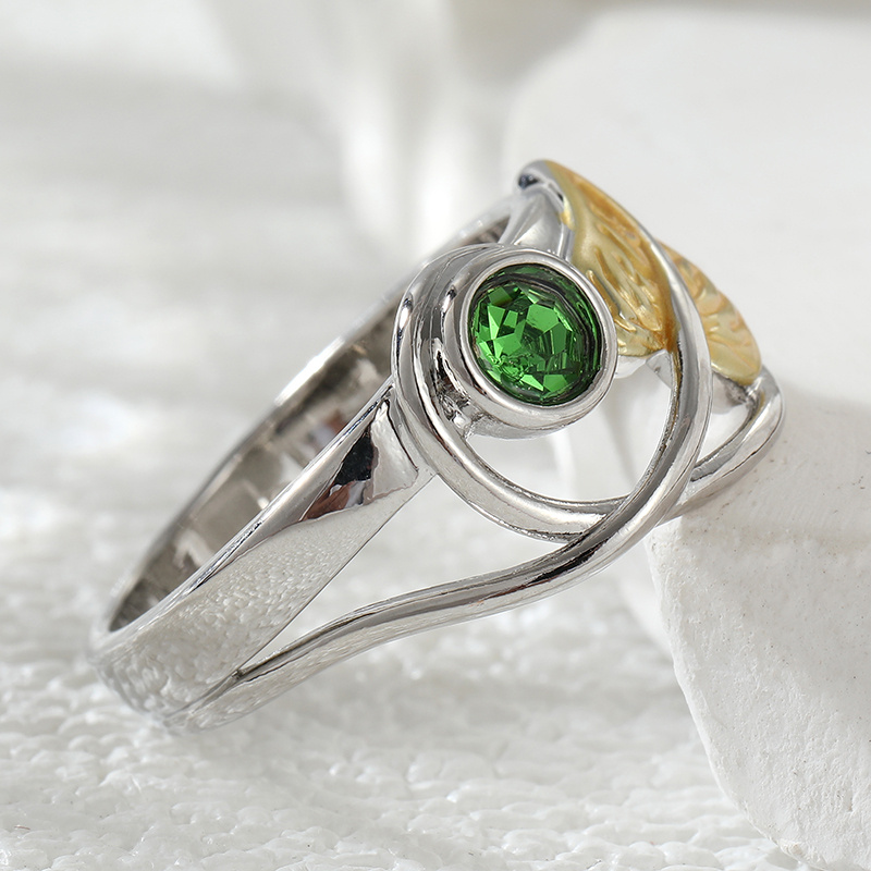 Bicolor Curved Leaf Ring with Green Synthetic Zirconia